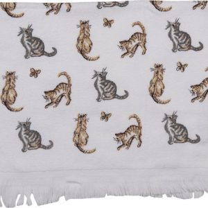 Clayre & Eef Gastendoekje 40*66 cm Wit Grijs Katoen Katten Toilet handdoek Kleine handdoek Gastendoek