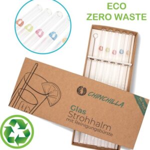 Chinchilla Zero Waste - Set van 5 rietjes 23 cm transparant met logo's - herbruikbare en plastic vrije rietjes van BPA-vrij laboratoriumglas + reinigingsborstel - duurzaam - zero waste - rietjes herbruikbaar - rietjes glas - glazen rietjes