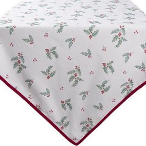 Clayre & Eef Vierkant Tafelkleed 100*100 cm Wit Rood Groen Katoen Vierkant Hulstblaadjes Tafellaken Tafellinnen Tafeltextiel