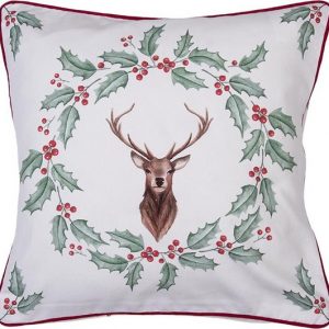 Clayre & Eef Kussenhoes 40*40 cm Wit Rood Katoen Vierkant Hulstblaadjes, rendier Sierkussenhoes Kussen hoes