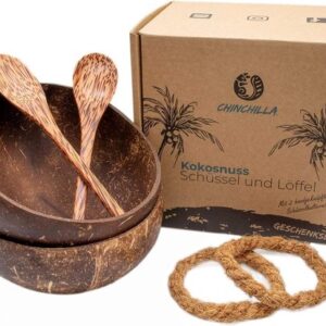 CHINCHILLA Kokosnootschaal + houten lepel - set van 2 - Boeddha Bowl - 100% natuurlijk met kokosolie gepolijst