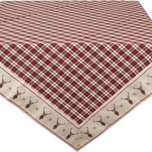 Clayre & Eef Vierkant Tafelkleed 100*100 cm Rood Beige Katoen Vierkant Geruit, Hertenhoofd Tafellaken Tafellinnen Tafeltextiel