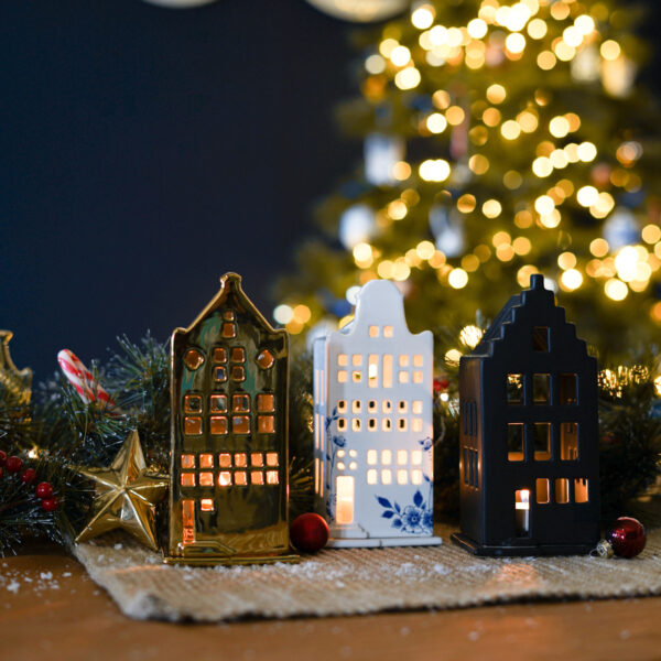 Waxinelichthouder huis trapgevel | Heinen Delfts blauw | Kerst | Delfts Blauw - Afbeelding 2