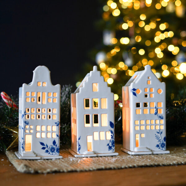 Waxinelichthouder huis trapgevel | Heinen Delfts blauw | Kerst | Delfts Blauw - Afbeelding 3