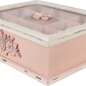 Clayre & Eef Theedoos 9 vakken 32x26x9 cm Roze MDF Glas Rechthoek Bloemen Theekist Thee Doos Theebox