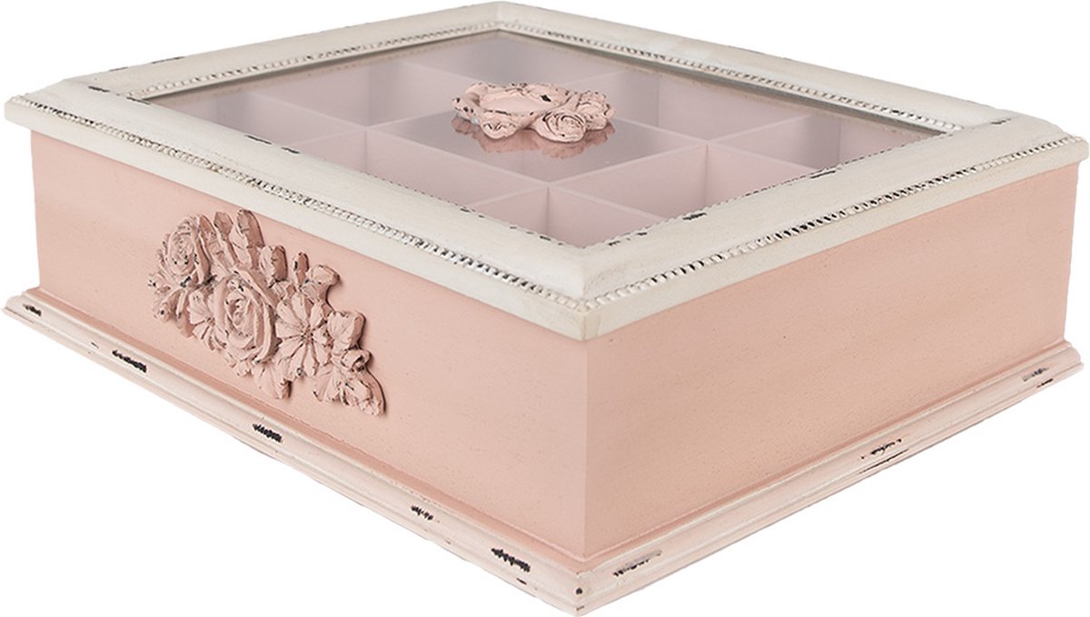 Clayre & Eef Theedoos 9 vakken 32x26x9 cm Roze MDF Glas Rechthoek Bloemen Theekist Thee Doos Theebox