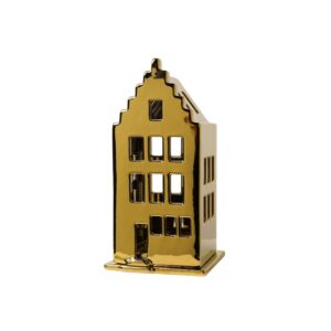 Waxinelichthouder huis - trapgevel - goud - 17 cm