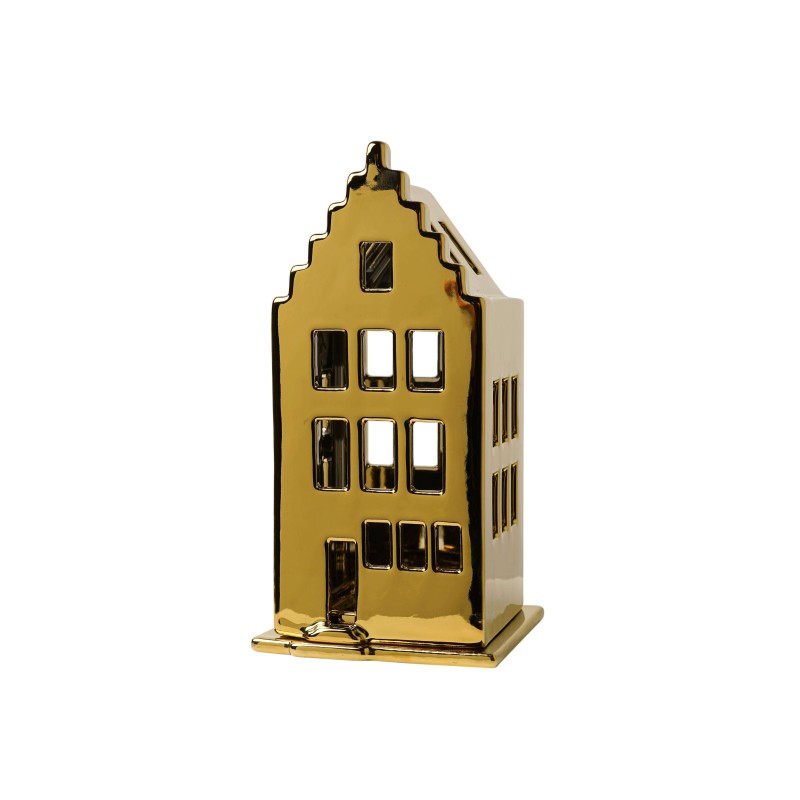 Waxinelichthouder huis - trapgevel - goud - 17 cm