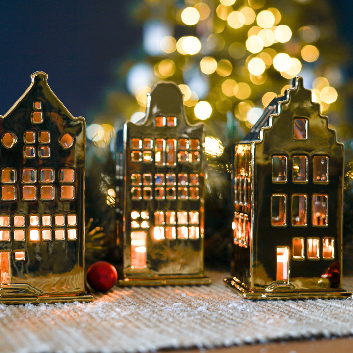 Waxinelichthouder huis - trapgevel - goud - 17 cm - Afbeelding 3