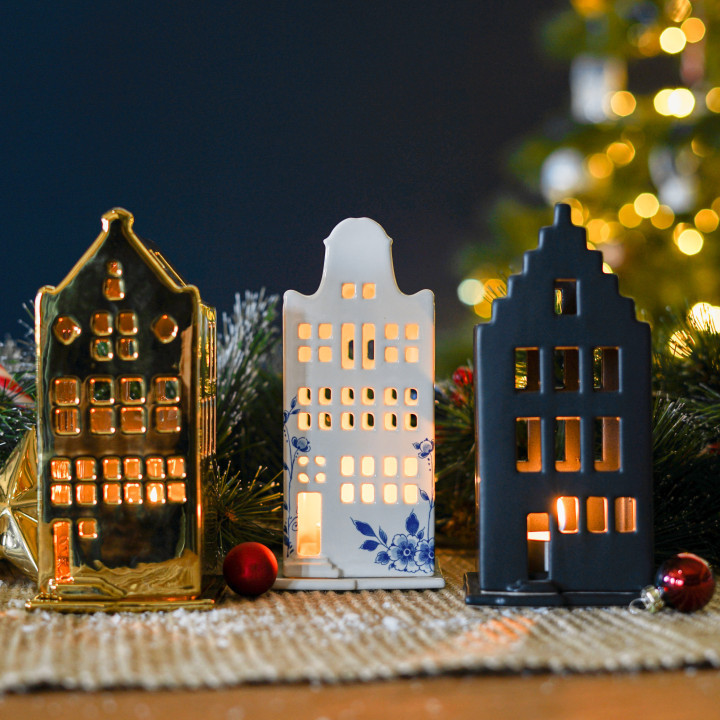 Waxinelichthouder huis - trapgevel - goud - 17 cm - Afbeelding 2