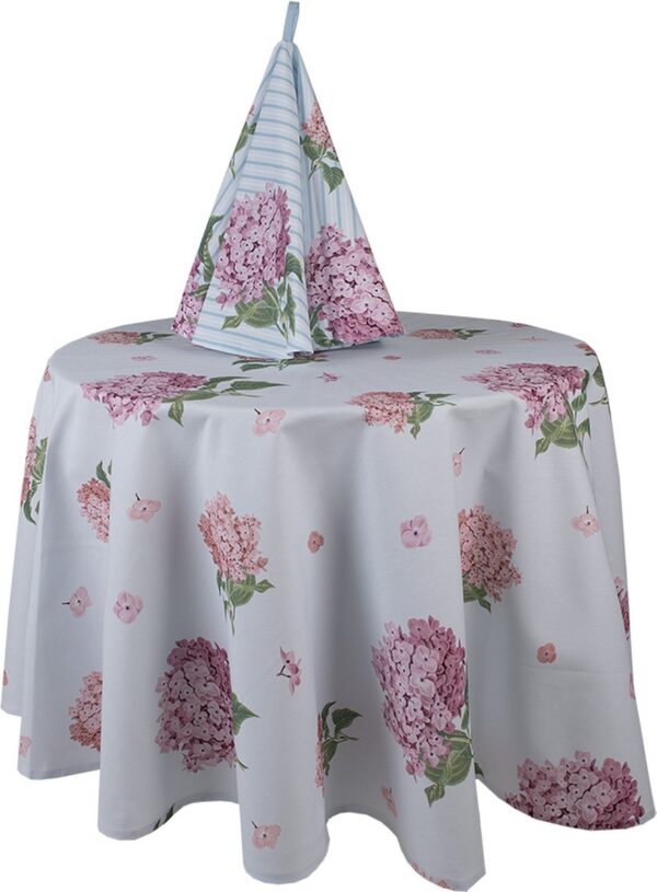 Clayre & Eef Tafelkleed Ø 170 cm Blauw Roze Katoen Rond Hortensia - Afbeelding 2