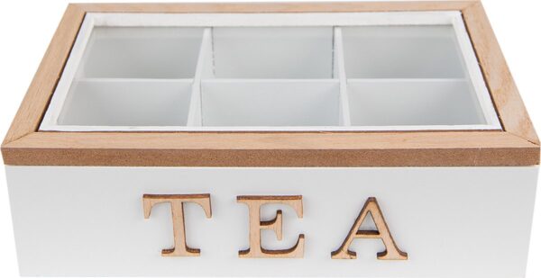 Clayre & Eef Theedoos 6 vakken 23x17x8 cm Wit Bruin MDF Glas Tea Theekist