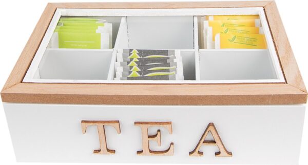 Clayre & Eef Theedoos 6 vakken 23x17x8 cm Wit Bruin MDF Glas Tea Theekist - Afbeelding 3