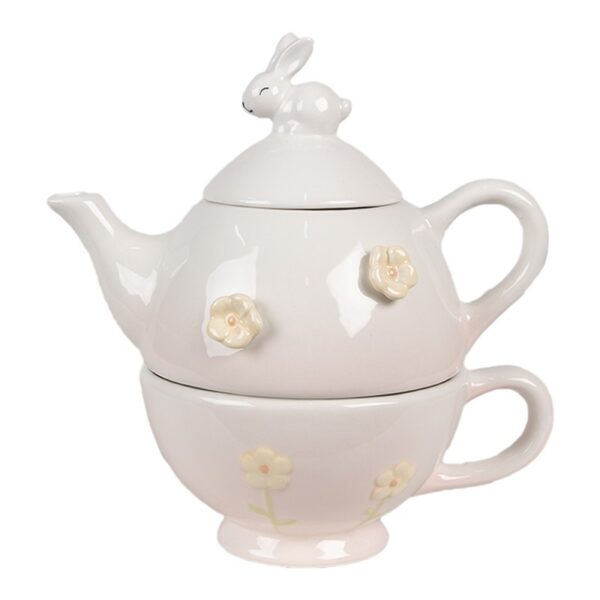 Clayre &amp;amp; Eef Tea for One 500 ml Roze Keramiek Konijn Theepot set