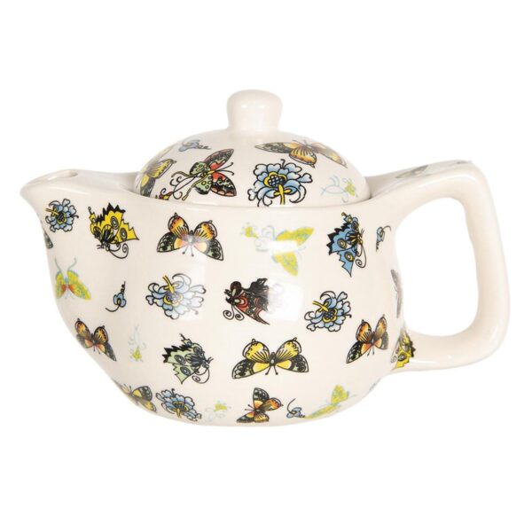 Clayre & Eef Theepot met Filter 400 ml Beige Geel Porselein Rond Vlinders Theekan - Afbeelding 3