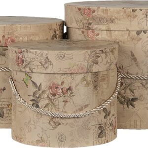 Clayre & Eef Hoedendoos Set van 3 Ø 23x20 cm Beige Roze Karton Bloemen Opbergdoos Cadeaudoos