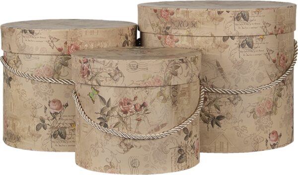 Clayre & Eef Hoedendoos Set van 3 Ø 23x20 cm Beige Roze Karton Bloemen Opbergdoos Cadeaudoos