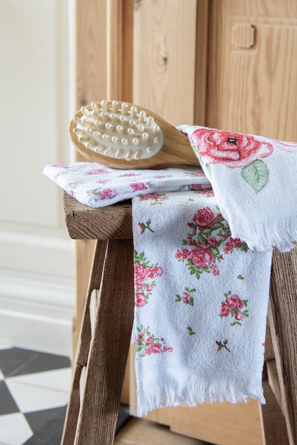 Clayre & Eef Gastendoekje 40x66 cm Wit Roze Katoen Roosjes Toilet Handdoek - Afbeelding 2