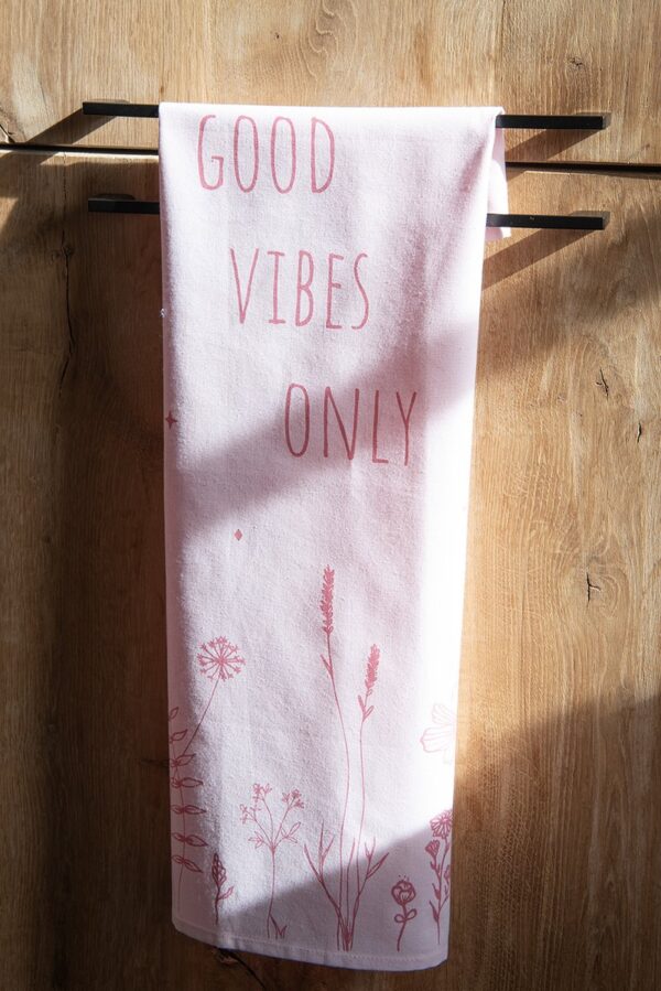 Clayre & Eef Theedoek 47x70 cm Roze Katoen Bloemen GOOD VIBES ONLY Keukenhanddoek - Afbeelding 2