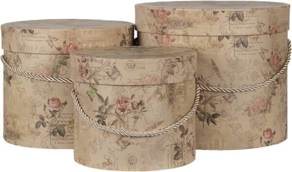 Clayre & Eef Hoedendoos Set van 3 Ø 23x20 cm Beige Roze Karton Bloemen Opbergdoos Cadeaudoos - Afbeelding 2