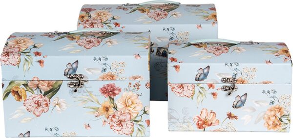 Clayre & Eef Decoratie Koffer Set van 3 30x20x20 /26x18x18/22x15x15 cm Blauw Karton Rechthoek Bloemen