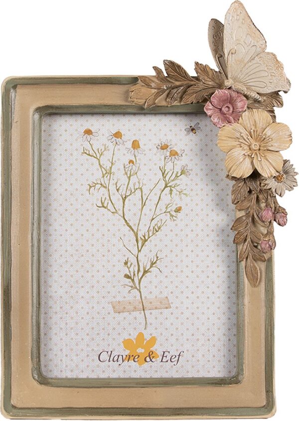 Clayre & Eef Fotolijst 10x15 cm Bruin Beige Kunststof Glas Bloemen Fotokader