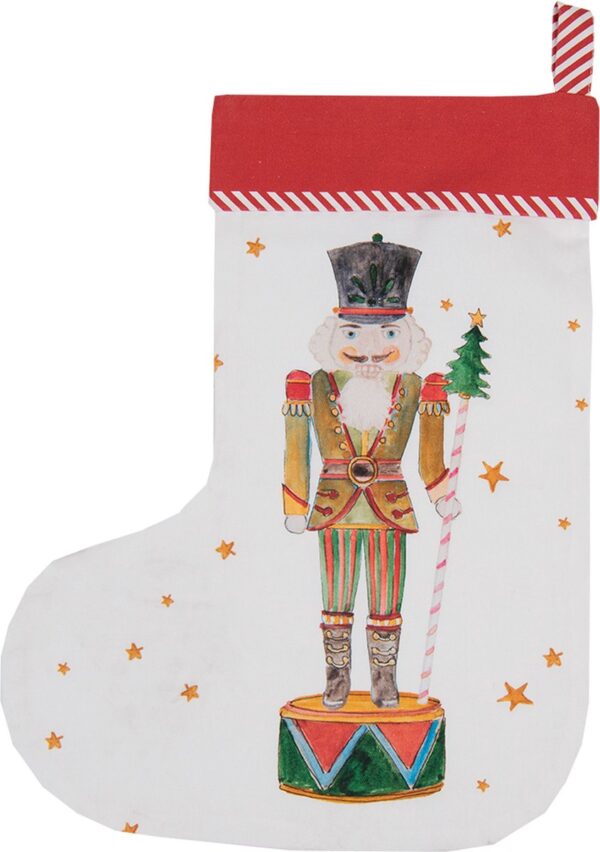 Clayre & Eef Kerstsok Decoratie Kerstsok 30*40 cm Wit Rood Katoen Notenkraker Kerstsok Hanger