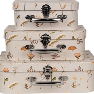 Clayre & Eef Opbergdoos Set van 3 koffertjes 30x21x9 / 25x18x9 / 20x16x8 cm Beige Karton Bloemen
