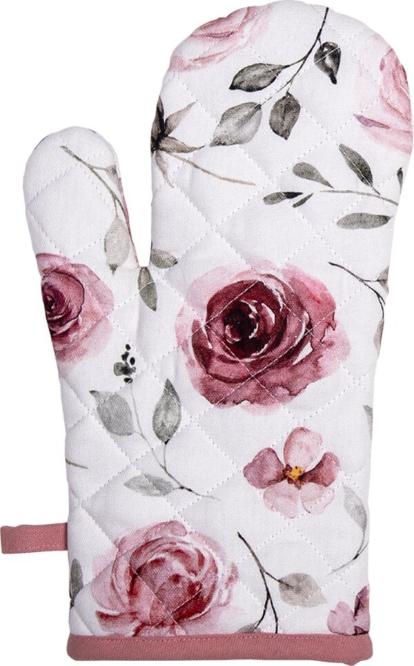 Clayre & Eef Ovenwant 18x30 cm Wit Roze Katoen Rozen Ovenhandschoen