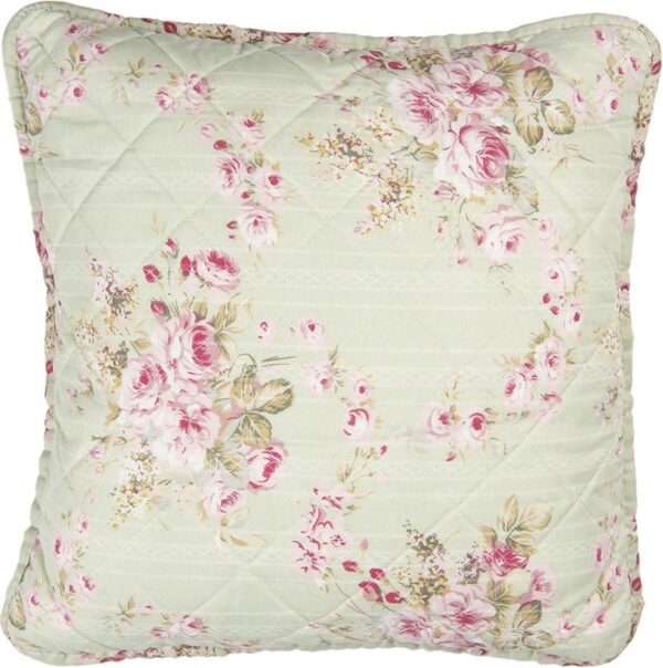 Clayre & Eef Kussenhoes 40x40 cm Groen Roze Polyester Katoen Vierkant Bloemen Sierkussenhoes