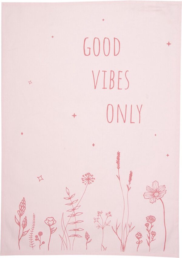 Clayre & Eef Theedoek 47x70 cm Roze Katoen Bloemen GOOD VIBES ONLY Keukenhanddoek - Afbeelding 4