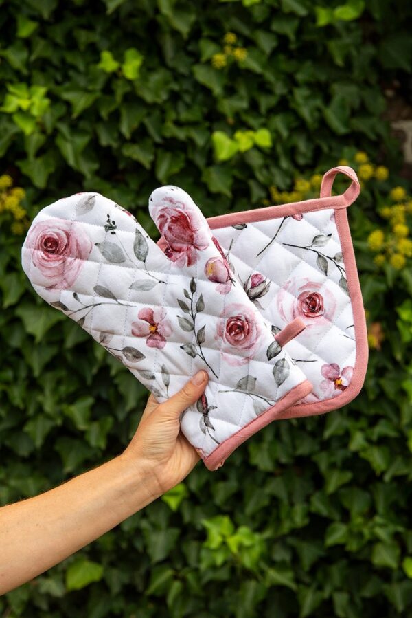 Clayre & Eef Ovenwant 18x30 cm Wit Roze Katoen Rozen Ovenhandschoen - Afbeelding 3