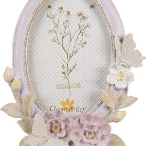 Clayre & Eef Fotolijst 10x15 cm Paars Kunststof Glas Ovaal Bloemen Fotokader