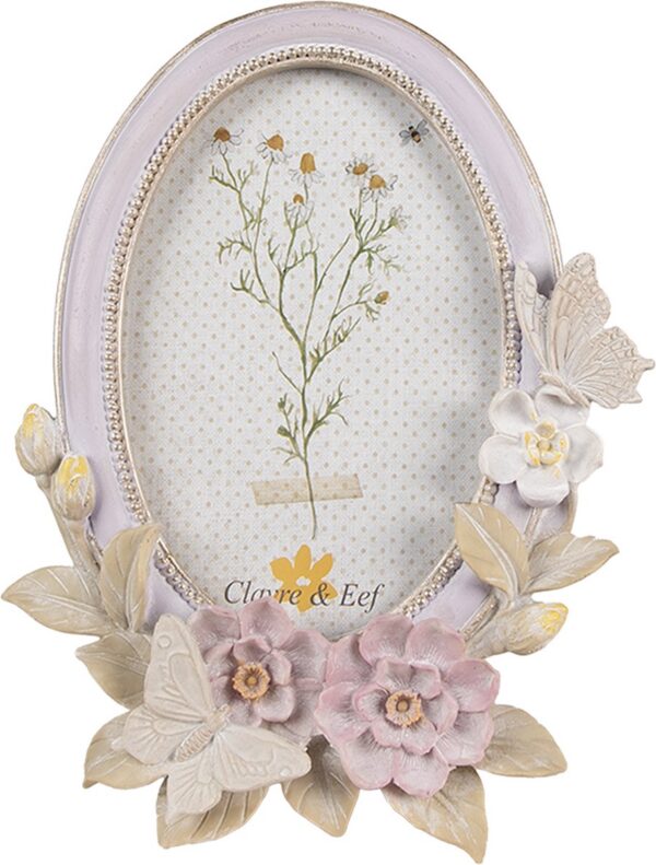 Clayre & Eef Fotolijst 10x15 cm Paars Kunststof Glas Ovaal Bloemen Fotokader