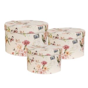 Clayre & Eef Opbergdoos Set van 3 Ø 24x16 / Ø 22x15 / Ø 21x13 cm Beige Karton Bloemen