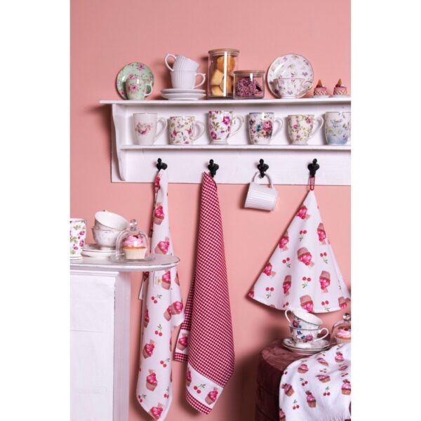 Clayre & Eef Theedoek Ø 80 cm Rood Wit Katoen Cupcakes - Afbeelding 2