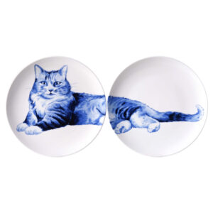 Wandbord - Ontspannen Kat Tweeluik - diameter 26 cm - Heinen Delfts Blauw