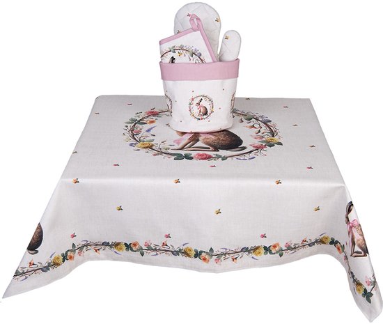 Clayre & Eef Tafelkleed 100x100 cm Beige Katoen Paashaas - Afbeelding 3