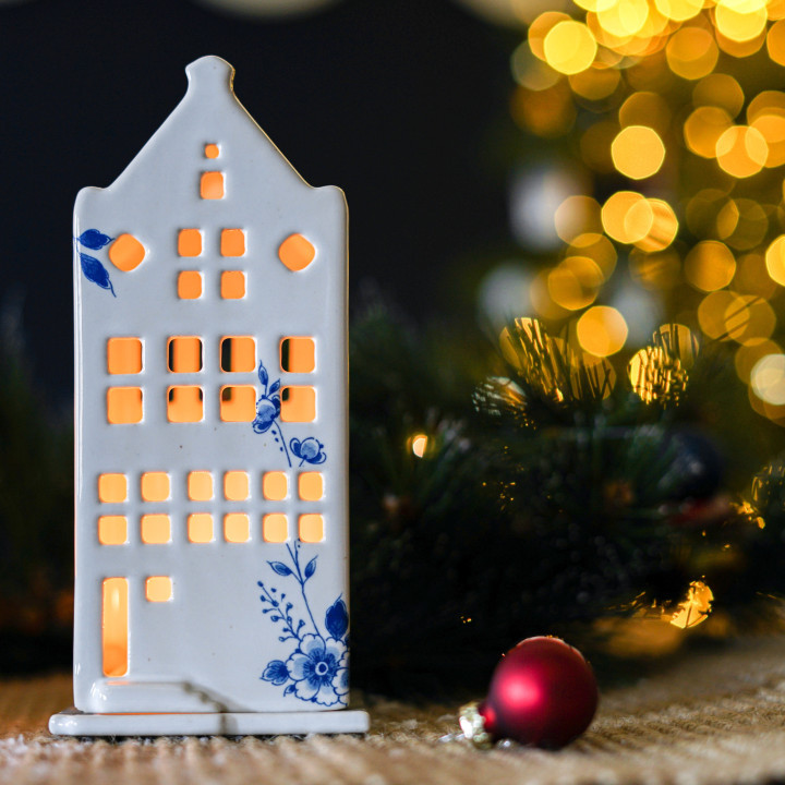 Heinen delfts blauw Waxinelichthouder huis - tuitgevel - 17 cm - Afbeelding 3