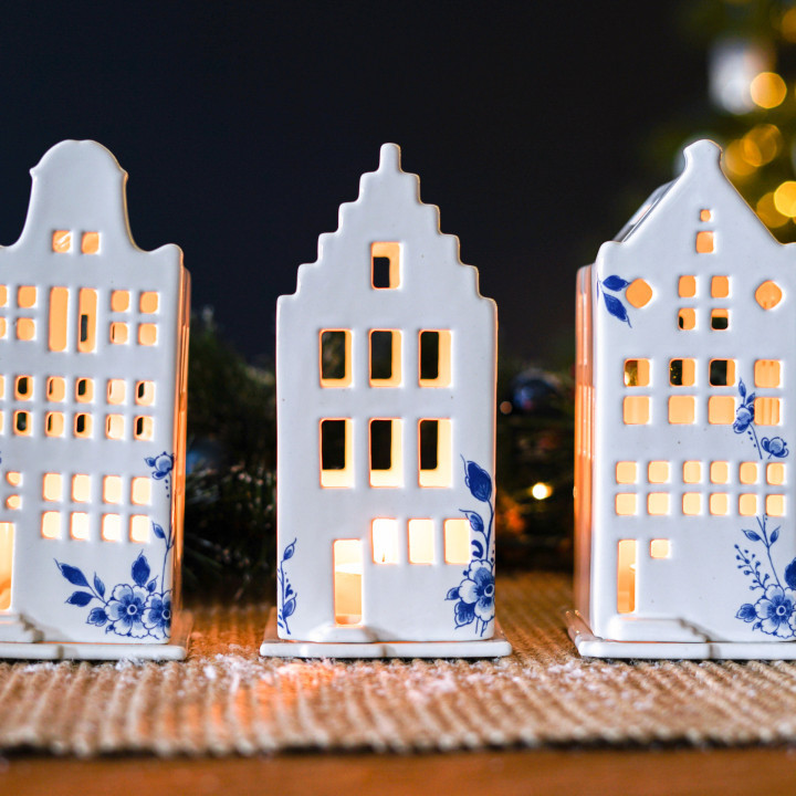 Heinen delfts blauw Waxinelichthouder huis - tuitgevel - 17 cm - Afbeelding 4