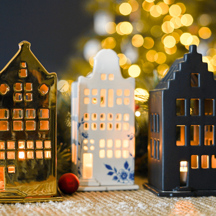 Heinen delfts blauw Waxinelichthouder huis - tuitgevel - 17 cm - Afbeelding 5